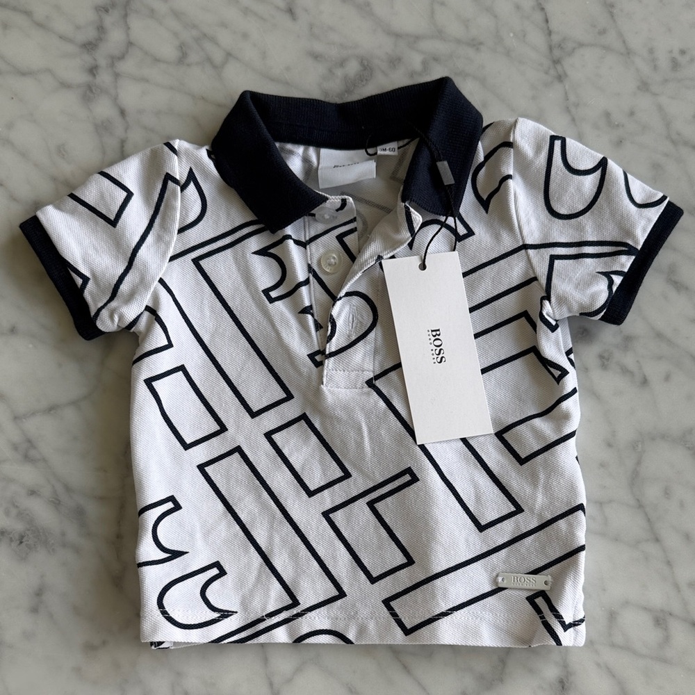 Boss Kids White Polo with Black Logo Pattern